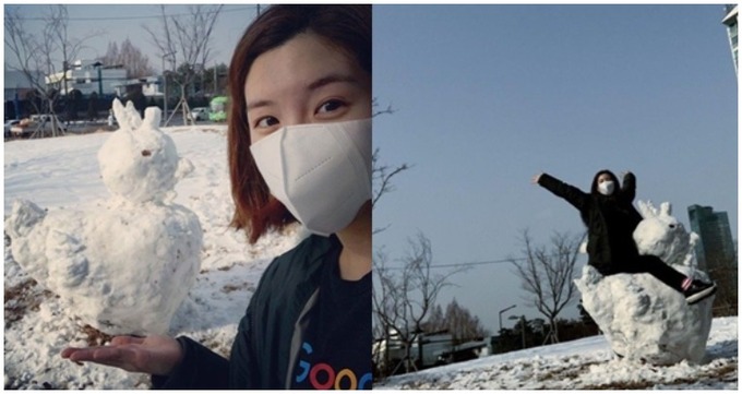 '오뚜기 장녀' 함연지, 초대형 '눈닭' 올라탄 채 '만세'…"눈오리 만들려고 했는데” | 인스티즈