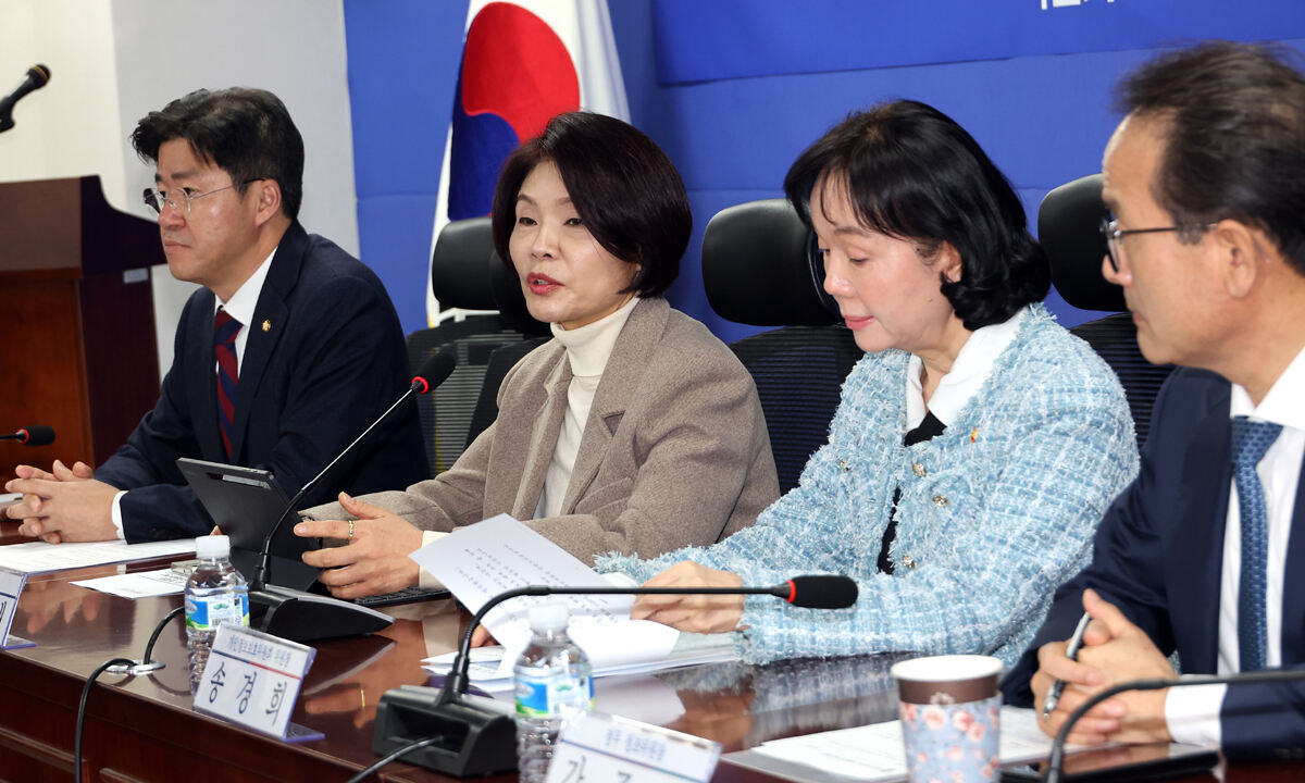 더불어민주당 한정애 정책위의장(왼쪽 두 번째)이 4일 국회 의원회관에서 열린 개인정보 유출 대응 강화를 위한 당정 협의에서 발언하고 있다. 연합뉴스