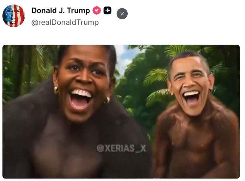 도널드 트럼프 미국 대통령이 지난 5일 SNS에 게시했다가 12시간 만에 삭제한 버락 오바마 전 대통령(오른쪽) 부부 조롱&nbsp;영상의 한 장면. 오바마와 부인 미셸&nbsp;여사의 얼굴을 원숭이에 합성했다.&nbsp;SNS 캡처