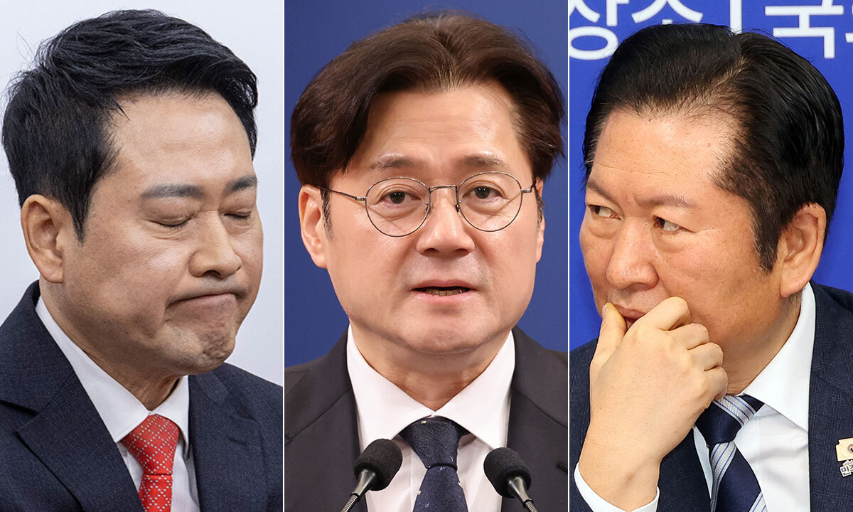 12일 이재명 대통령과 여야 대표 간 오찬이 약속 시간을 불과 1시간 앞두고 국민의힘 장동혁 대표가 불참하겠다는 의사를 밝히며 무산됐다. 왼쪽부터 장 대표, 홍익표 청와대 정무수석, 더불어민주당 정청래 대표. 연합뉴스