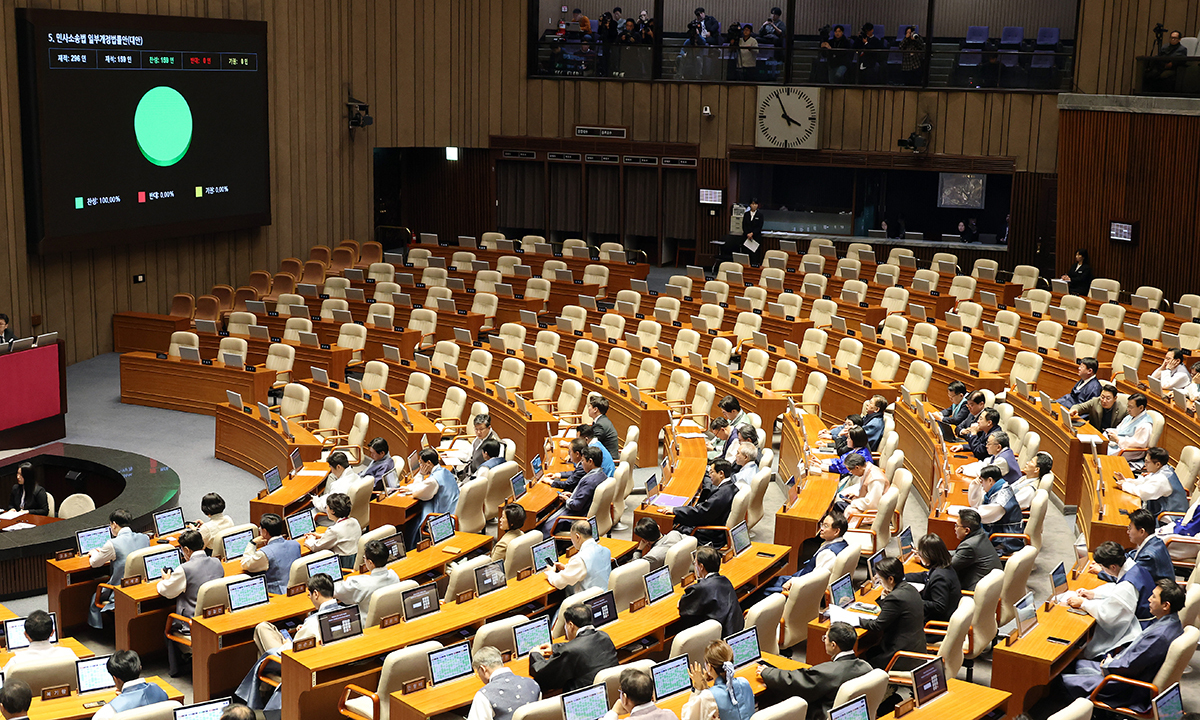 12일 국회에서 열린 2월 임시국회 본회의가 국민의힘의 보이콧 속 범여권 의원들만 참석한 채 진행되고 있다. 연합뉴스