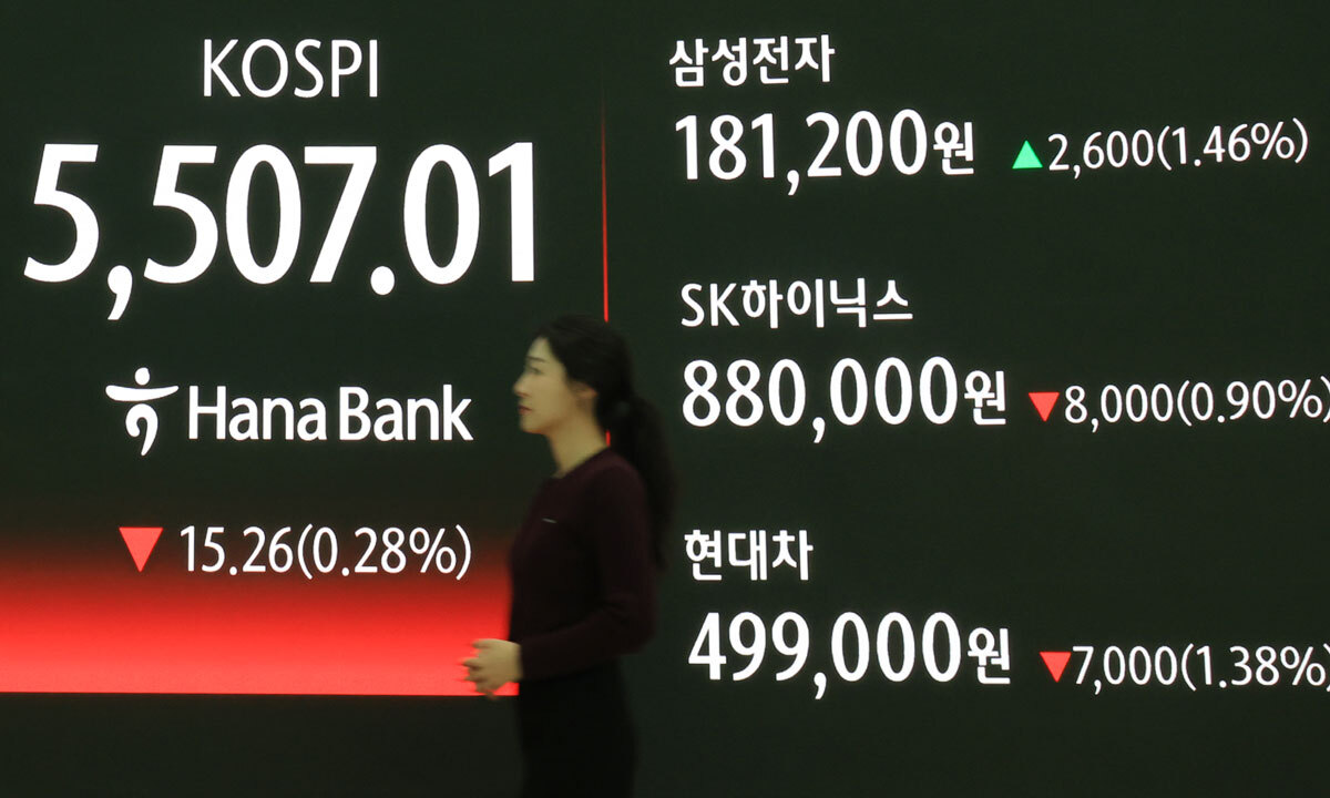 13일 서울 중구 하나은행 본점에서 한 직원이 시황 전광판 앞을 지나고 있다. 이날 삼성전자 주가는 전 거래일 대비 1.46% 오른 18만1200원에 거래를 마쳤다. 연합