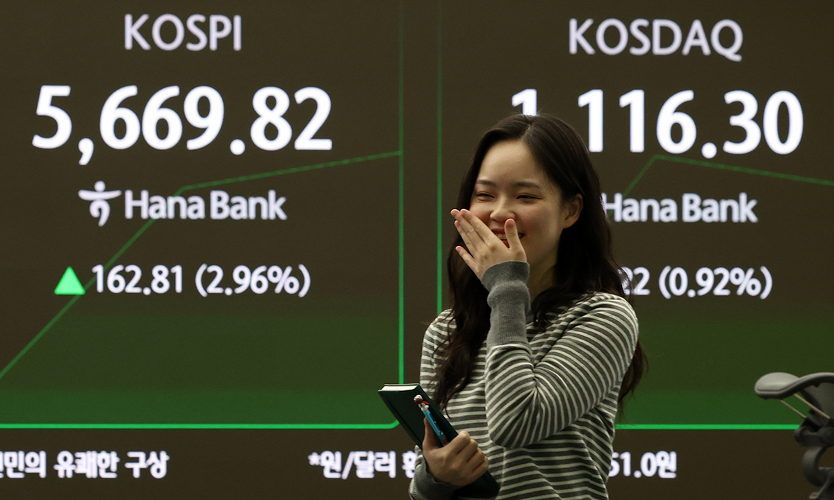 [서울=뉴시스] 이영환 기자 = 코스피가 전 거래일(5507.01)보다 135.08포인트(2.45%) 오른 5642.09에 개장한 19일 오전 서울 중구 하나은행 딜링룸 전광판에 지수가 표시되고 있다. 코스닥 지수는 전 거래일(1106.08)보다 16.12포인트(1.46%) 오른 1122.20, 서울 외환시장에서 원·달러 환율은 전 거래일 주간거래 종가(1444.9원)보다 6.1원 오른 1451.0원에 출발했다. 2026.02.19. 20hwan@newsis.com