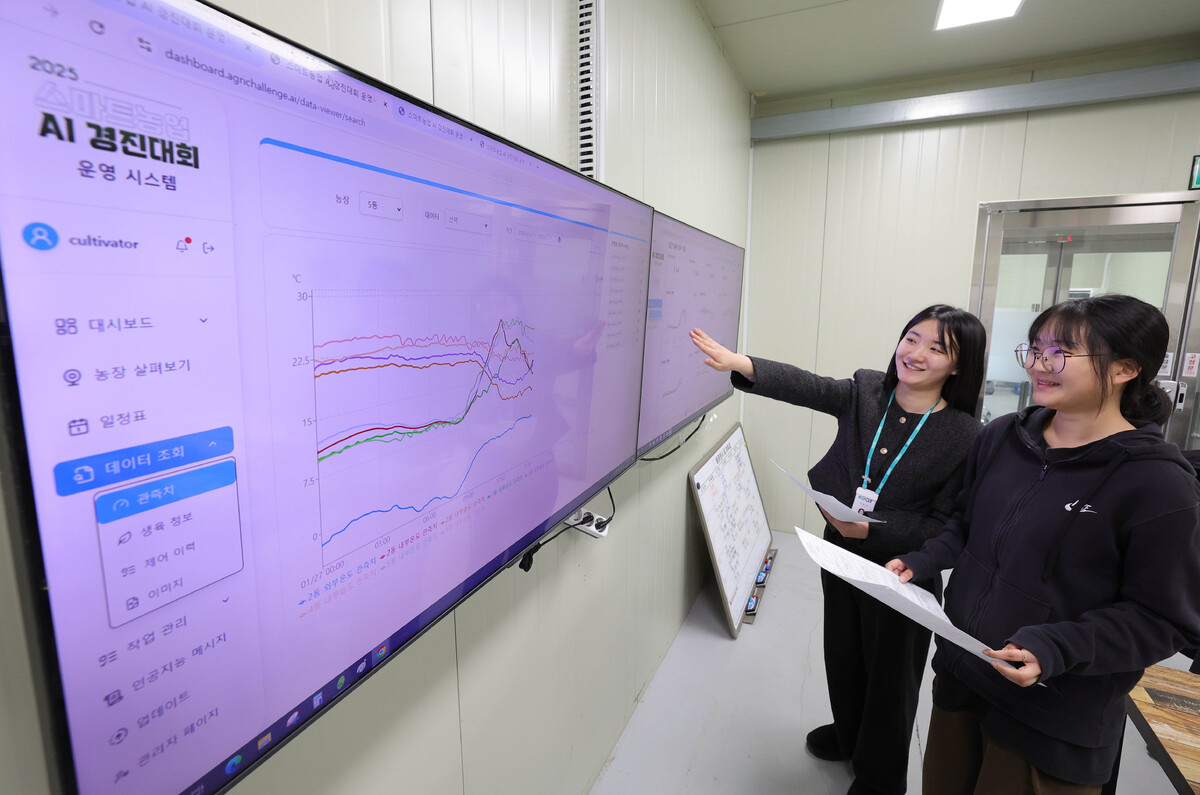 전북 완주군 농촌진흥청에서 열린 스마트농업 AI 경진대회에서 고유나 연구원(오른쪽)이 모니터를 확인하고 있다.