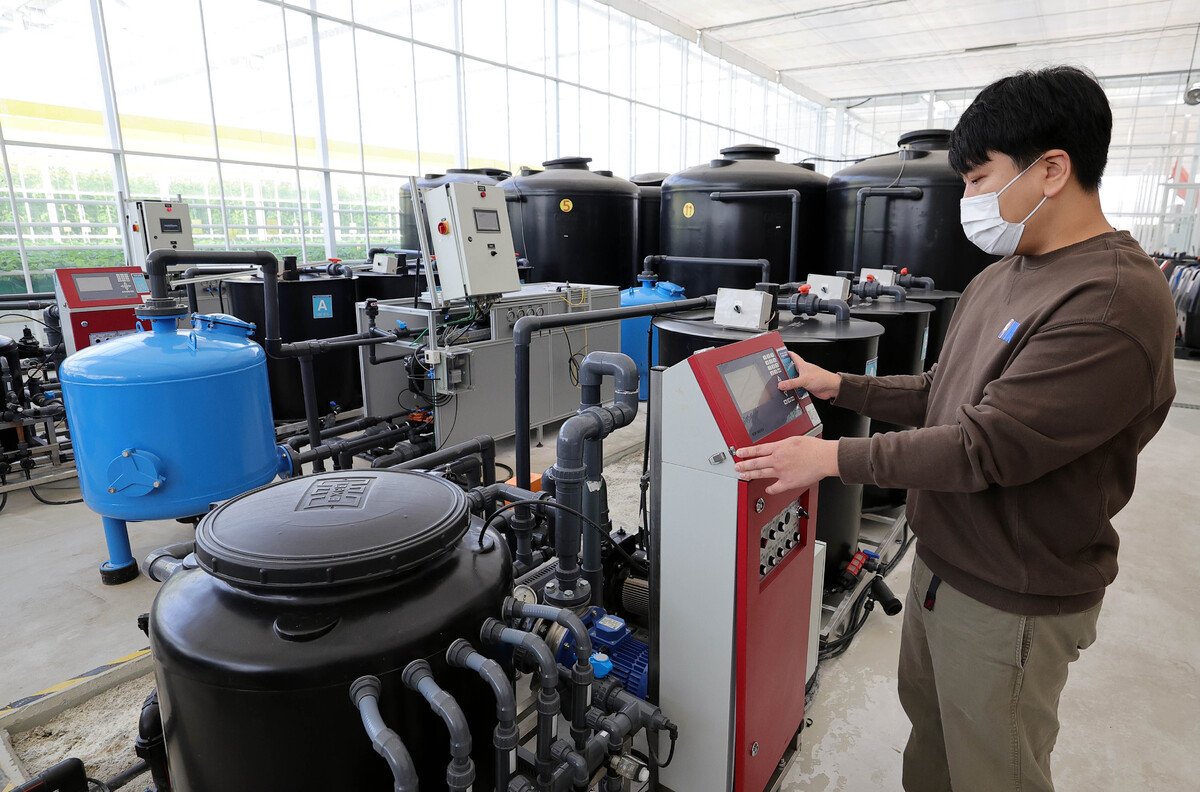 전북 김제 스마트팜 혁신밸리에서 크로프트 직원이 자동 양액 공급기를 확인하고 있다.