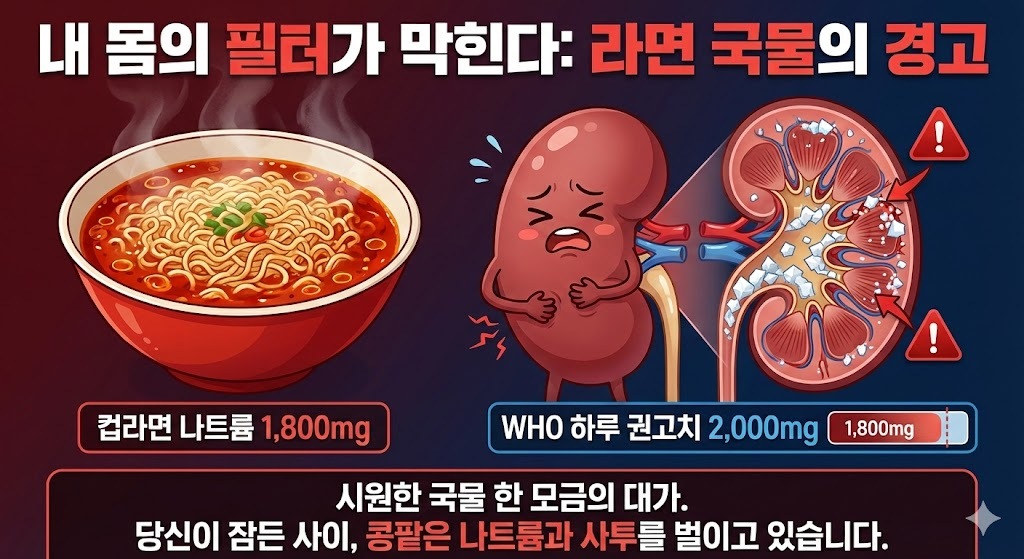 내 몸의 필터가 막힌다: 라면 국물의 경고. 제미나이 생성 그래픽
