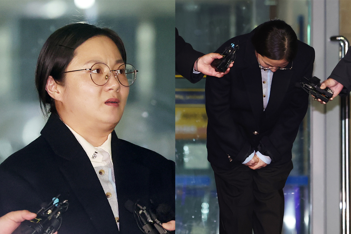 전직 매니저들에 대한 갑질과 불법 의료행위 의혹을 받는 방송인 박나래씨가 20일 밤 경찰에 출석해 조사를 받은 뒤 서울 강남경찰서를 나서며 취재진 질문에 답하고 있다. 연합뉴스·뉴스1