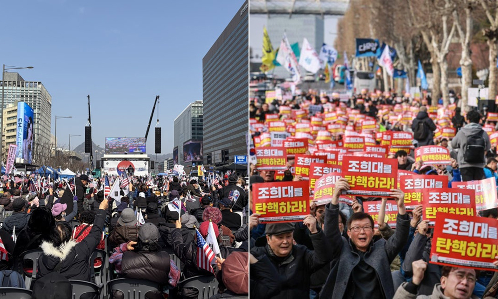 21일 대국본 광화문 국민대회 현장(왼쪽), 촛불행동 촛불대행진 집회 현장. 연합뉴스·촛불행동 제공