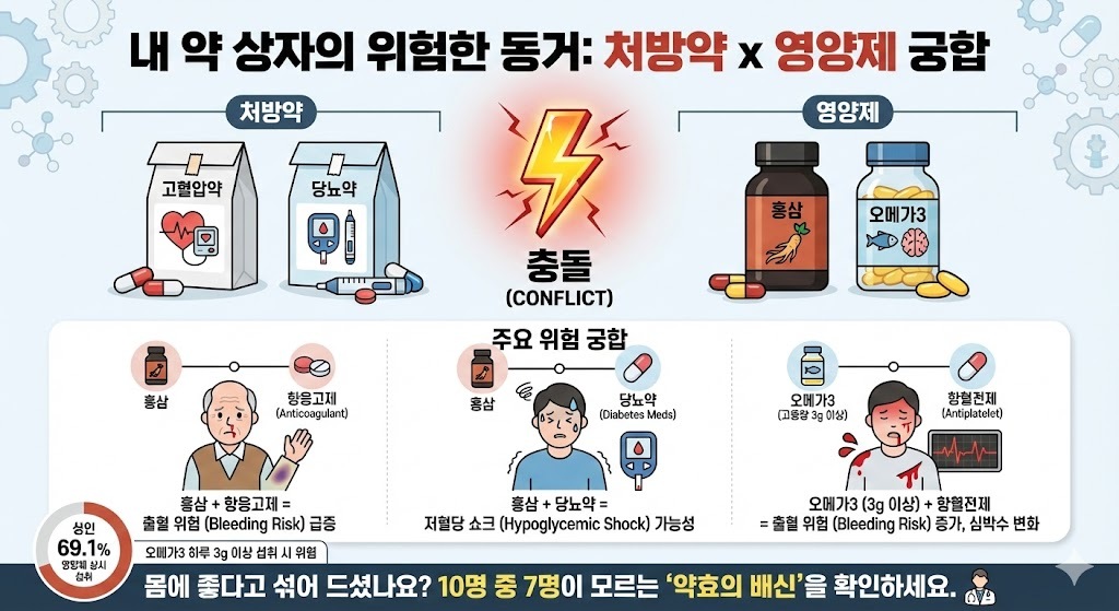 내 약 상자의 위험한 동거: 처방약 x 영양제 궁합. 제미나이 생성 그래픽