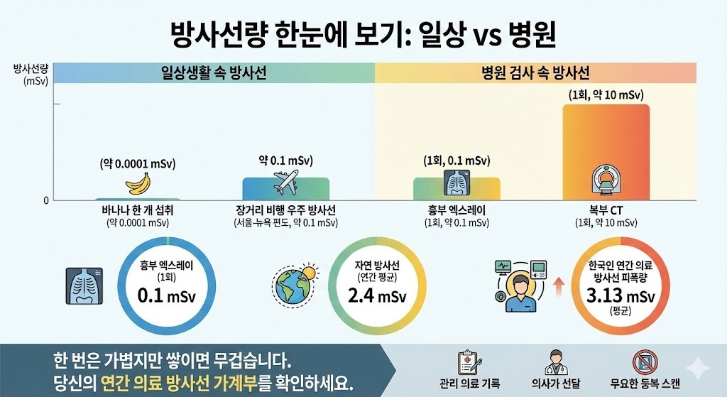 방사선량 한눈에 보기: 일상 vs 병원. 제미나이 생성 그래픽