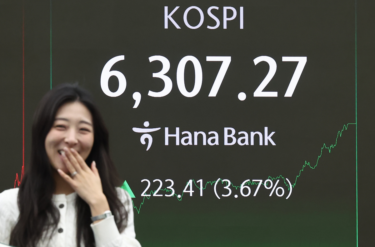 26일 서울 중구 하나은행 본점 딜링룸 전광판에 종가가 표시되고 있다. 이날 코스피는 전 거래일 대비 223.41포인트(3.67%) 오른 6307.27, 코스닥은 전 거래일 대비 22.90포인트(1.97%) 상승한 1188.15로 장을 마쳤다.