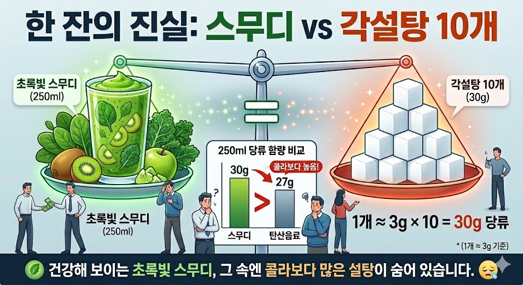 한 잔의 진실: 스무디 vs 각설탕 10개. 제미나이 생성 그래픽