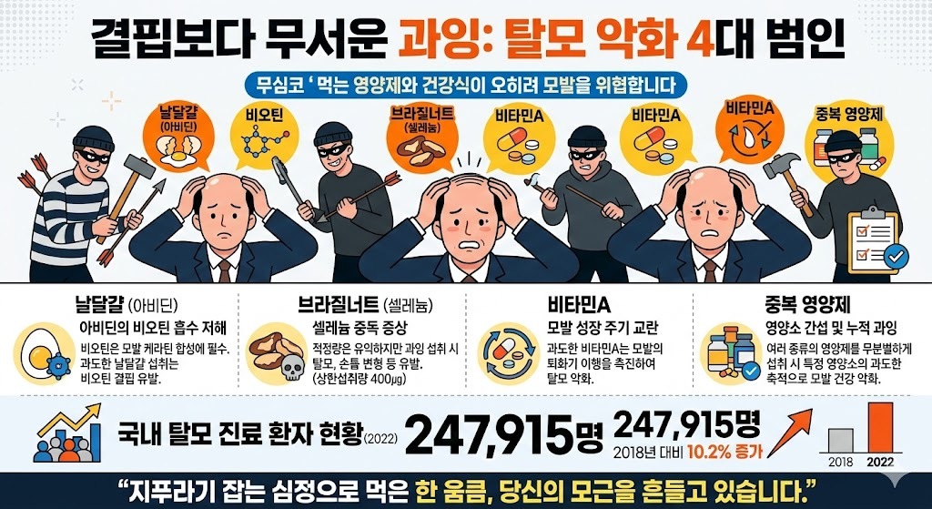결핍보다 무서운 과잉: 탈모 악화 4대 범인. 제미나이 생성 그래픽