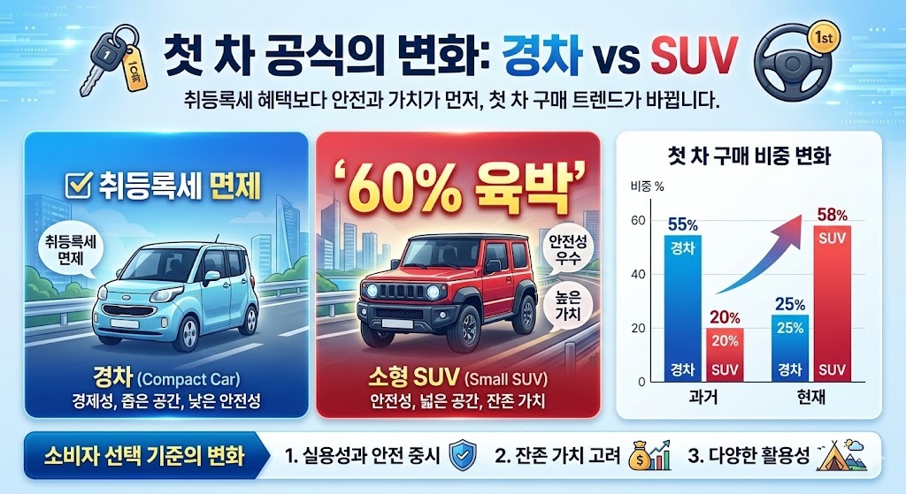 첫 차 공식의 변화: 경차 vs SUV . 제미나이 생성 그래픽