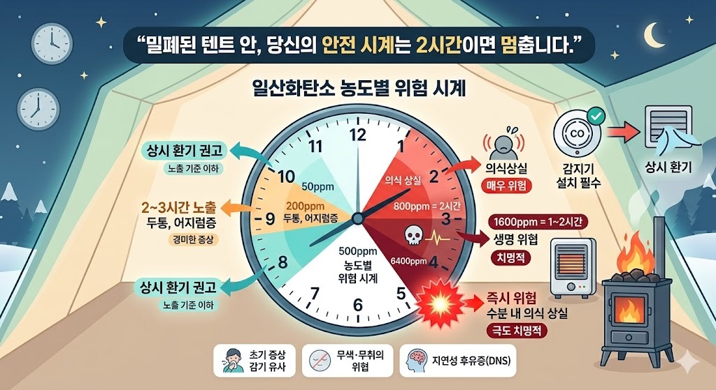 일산화탄소 농도별 위험 시계. 제미나이 생성 그래픽