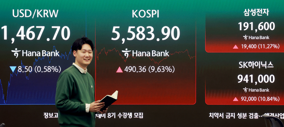 5일 서울 중구 하나은행 본점 딜링룸 전광판에 코스피 지수 종가가 표시되어 있다. 이날 코스피지수는 전일대비 490.36p(9.63%) 오른 5583.90에 코스닥은 전일 대비 137.97p(14.10%) 오른 1116.41에 장을 마감했다. 삼성전자는 전일대비 19400원(11.27%) 오른 191,600원에 SK하이닉스는 92,000원(10.84%) 오른 941,000원에 마감했다. 뉴스1