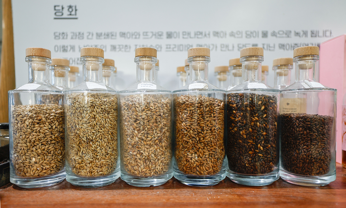 기원 위스키 증류소에 각종 맥아 샘플이 놓여 있다.