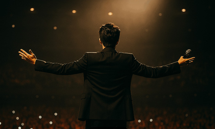 정상의 자리에서 더 낮은 곳을 바라보는 임영웅의 뒷모습. 물고기컴퍼니 제공