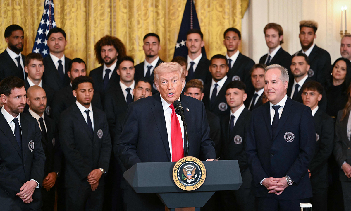인터마이애미 선수단 초청 행사의 트럼프.&nbsp;AFP연합뉴스