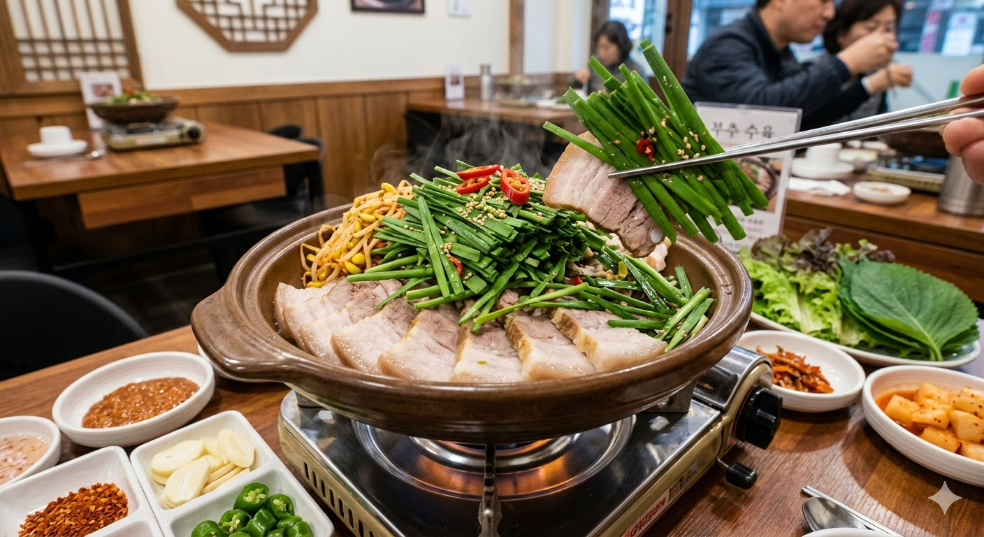 찬&nbsp;성질의 돼지고기와 따뜻한 성질의 부추를 함께 먹으면 상호 보완이 된다. 구글 제미나이 생성 이미지