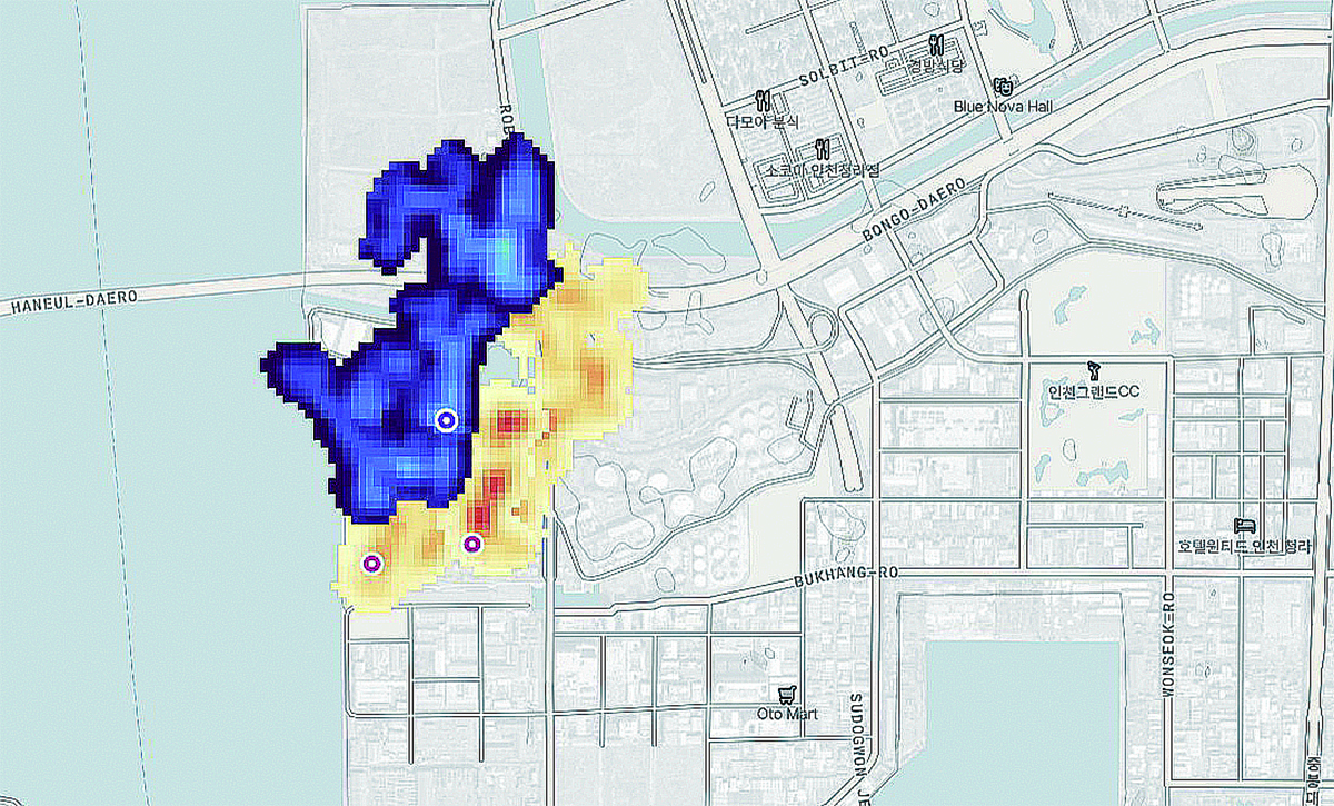 미국 비영리단체 카본매퍼가 위성으로 관측해 공개 중인 인천 서구 원창동 일대 온실가스 구름. 푸른 부분이 지난해 11월 관측된 632㎏ 규모 메탄 구름이다. 카본매퍼 제공