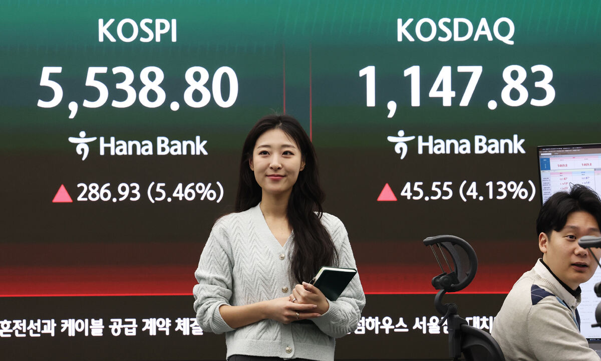 코스피가 급등하며 매수 사이드카가 발동한 10일 오전 서울 중구 하나은행 딜링룸 전광판에 코스피 시황이 표시되고 있다. 뉴스1