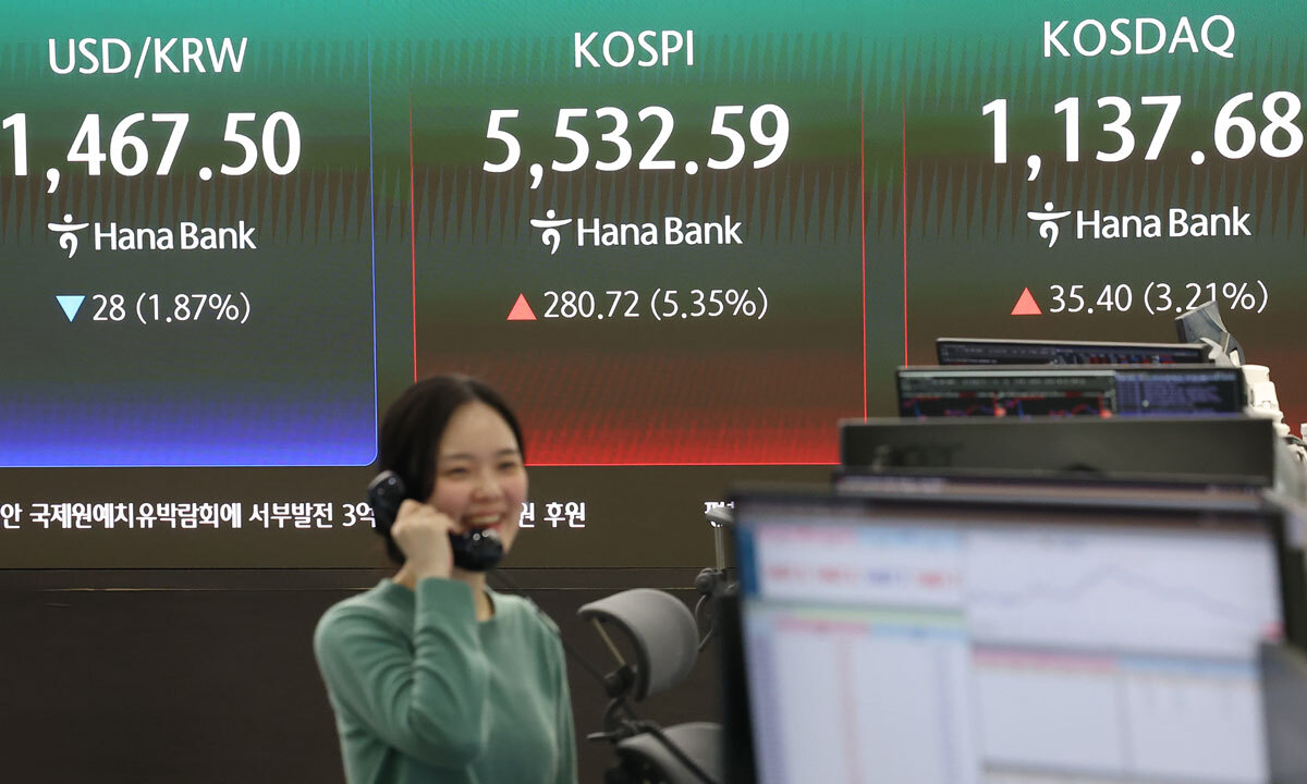급등락 반복하는 증시 10일 서울 중구 하나은행 본점 딜링룸 전광판에 원·달러 환율, 코스피, 코스닥 지수가 표시돼 있다. 이날 코스피는 전장보다 280.72포인트(5.35%)오른 5532.59으로, 코스닥은 35.40포인트(3.21%) 오른 1137.68로 마감했다. 연합