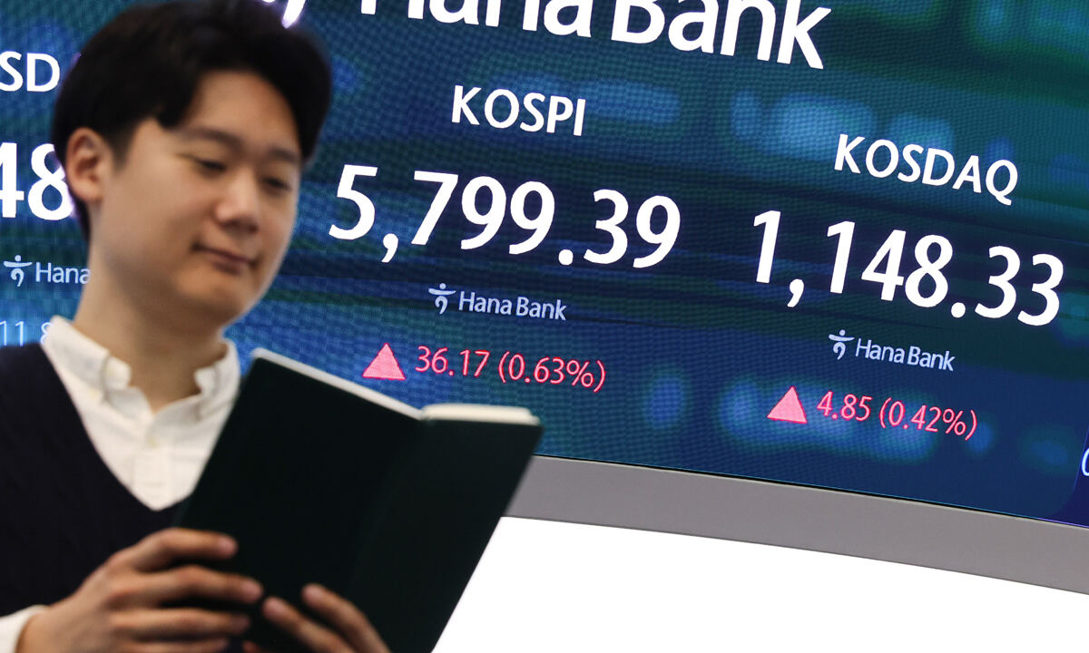 지난 20일 오전 서울 중구 하나은행 딜링룸 전광판에 증시 시황이 표시되고 있다. 이날 코스피는 전 거래일 대비 50.13포인트(0.87%) 오른 5813.35로, 코스닥 지수는 10.19포인트(0.89%) 상승한 1153.67로 개장 했다. 뉴스1