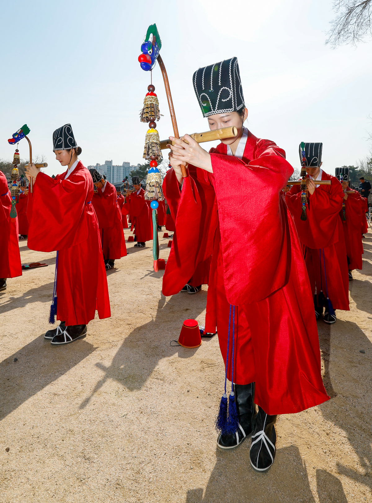 24일 서울 종로구 성균관대학교 비천당에서 열린 ‘성균관 춘기 석전대제 봉행식’에서 성균관대 팔일무단이 일무를 추고 있다. 석전대제는 공자(孔子)를 비롯한 선현들의 학덕과 유풍을 기리기 위한 제사 의식으로, 국가무형문화유산 제85호로 지정돼 있다.