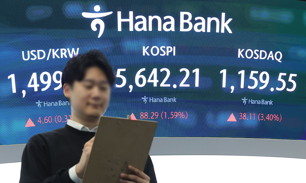 25일 서울 중구 하나은행 본점 딜링룸 전광판에 종가가 표시되고 있다.