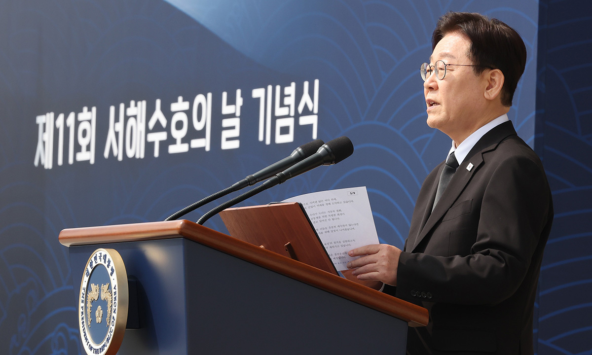 이재명 대통령이 27일 국립대전현충원에서 서해수호의 날 기념사를 하고 있다. 청와대통신사진기자단