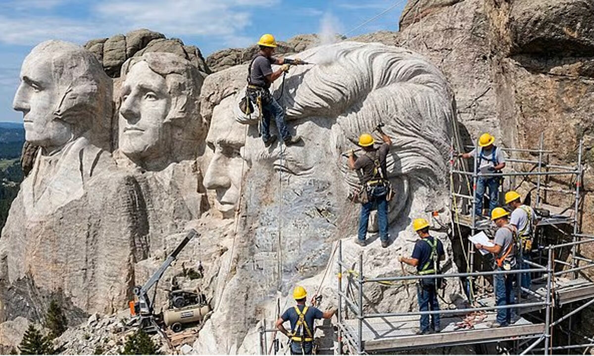 사우스다코다주 러시모어산에 트럼프 대통령으로 추정되는 인물의 얼굴이 조각되고 있는 모습. 영국 데일리메일이 4월 1일 만우절 보도를 위해 합성한 사진이다. 데일리메일 캡처