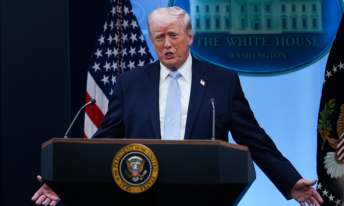 President Donald Trump speaks with reporters in the James Brady Press Briefing Room at the White House, Monday, April 6, 2026, in Washington. (AP Photo/Julia Demaree Nikhinson)