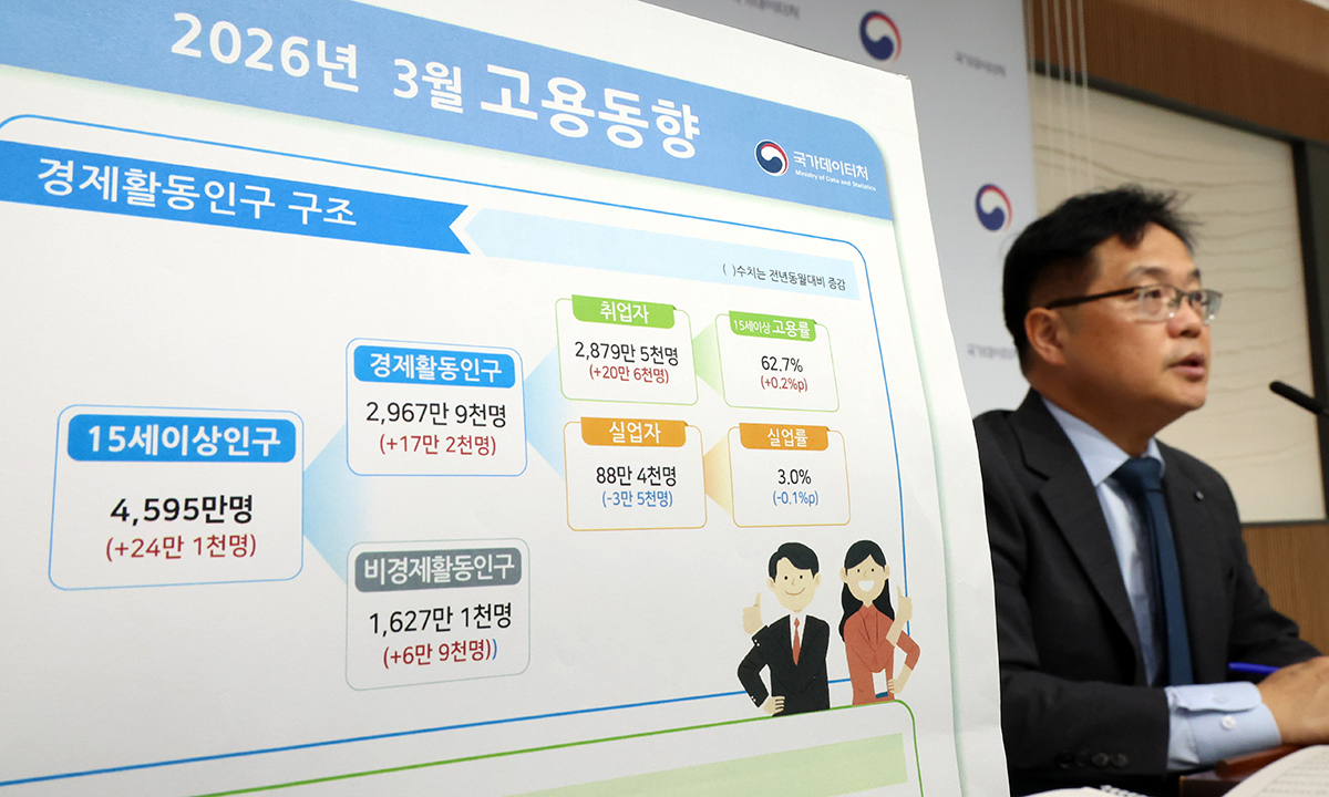 빈현준 국가데이터처 사회통계국장이 15일 세종시 정부세종청사에서 2026년 3월 고용동향을 발표하고 있다. 뉴시스