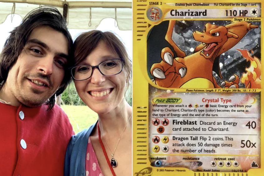 앤드루 브라운드와 약혼녀(왼쪽). 오른쪽은 브라운드가 다락방에서 찾은 포켓몬 카드인 스카이리지 리자몽 홀로 카드. 피플 캡쳐