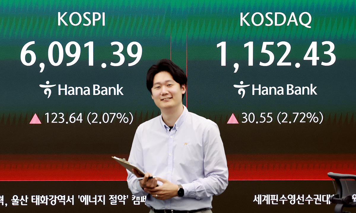 15일 서울 중구 하나은행 딜링룸 전광판에 종가가 표시되고 있다. 뉴스1