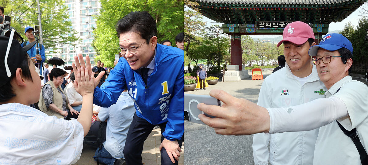 與野 표심잡기 국민의힘 서울시장 후보로 오세훈 현 시장이 확정되면서 19일 현재 서울, 인천, 부산, 울산, 경남, 경북, 대전, 충남, 세종, 강원, 제주 11곳에서 더불어민주당과 국민의힘의 6·3 지방선거 후보가 결정됐다. 오 시장과 맞대결을 하게 된 민주당 정원오 서울시장 후보(오른쪽)가 이날 서울 노원구 불암산 나비정원에서 열린 2026 불암산 철쭉제를 찾아 한 어린이와 인사하고 있다. 오른쪽 사진은 오 시장(왼쪽)이 이날 관악구 관악산공원에서 현장점검을 마친 뒤 등산객과 셀카를 찍고 있는 모습. 뉴시스·뉴스1
