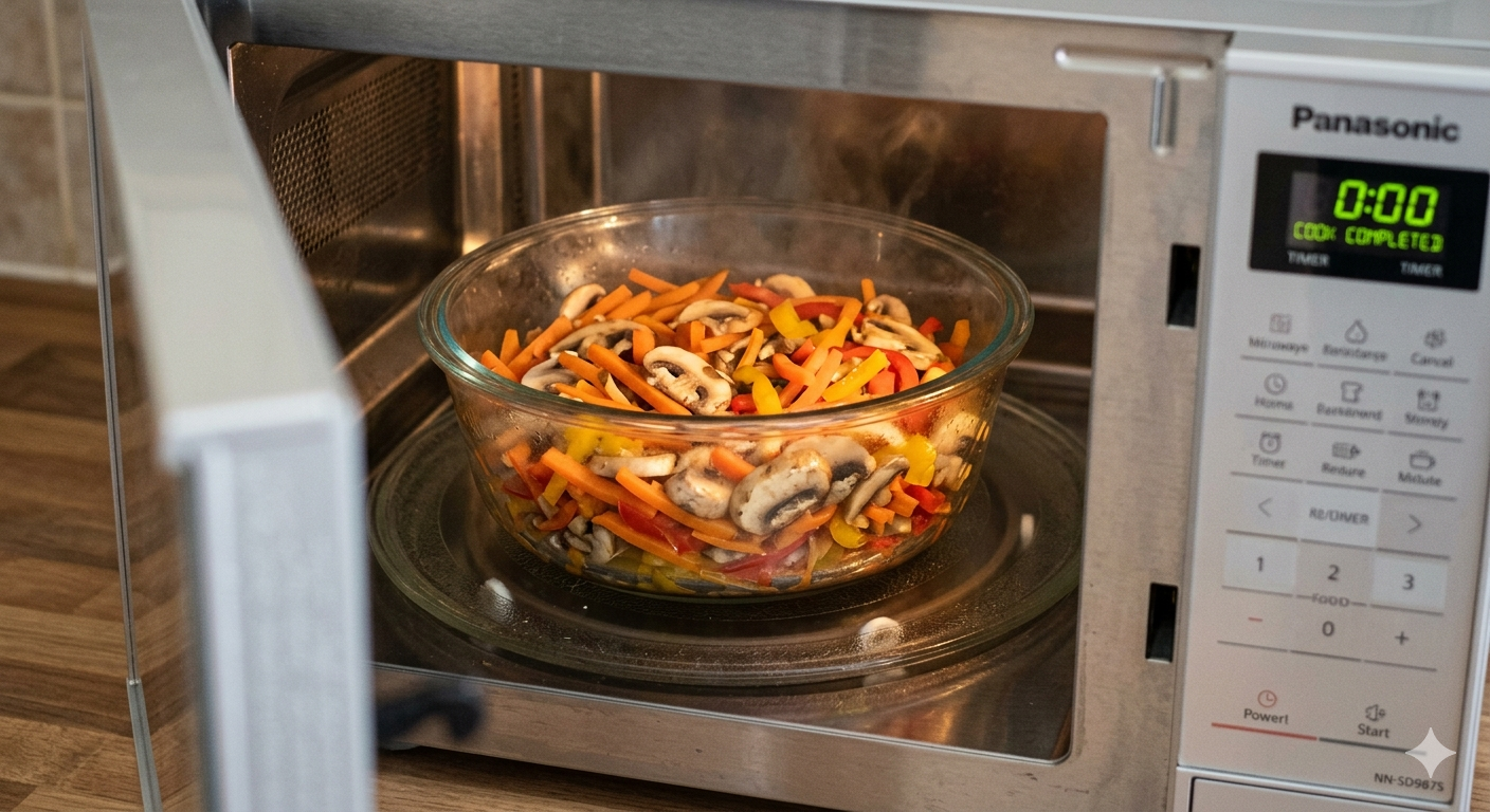 양파, 당근, 버섯, 파프리카 등을 얇게 채 썰어 전자레인지에 2~3분 정도 돌리면 간단히 익힐 수 있다. 구글 제미나이 생성 이미지