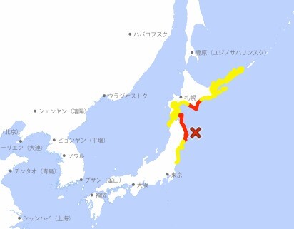 일본 기상청 홈피 캡처, 빨간색이 경보, 노란색이 주의보 대상 지역임.