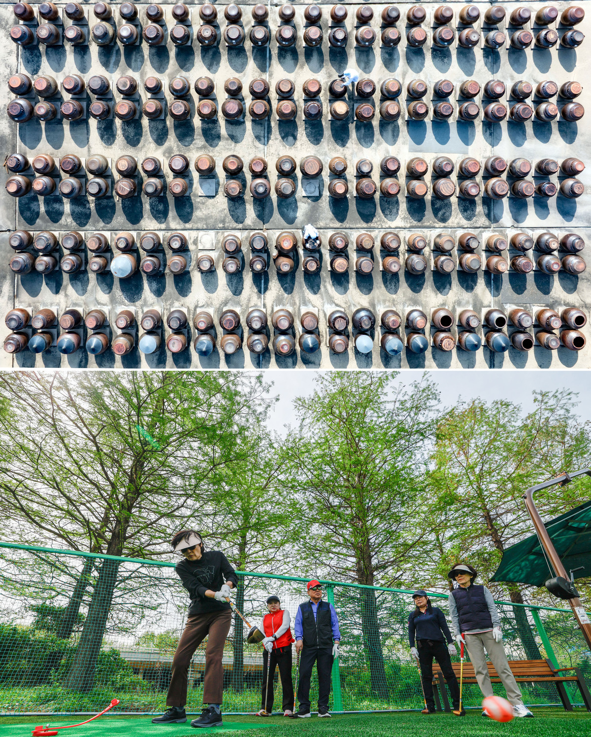 23일 경기 안성시 서일농원에서 직원들이 장독대 항아리에 쌓인 먼지를 청소하는 있고&nbsp;서울 송파구 성내유수지 파크골프장에서 열린 강동구청 파크교실에서 시민들이 파크골프를 배우고 있다. 강동구는 4월 한 달간 60세 이상 강동구민을 대상으로 실내 스크린파크골프장에서 이론 및 안전교육, 현장 필드에서 라운딩 실습을 진행한다.&nbsp;최상수 기자