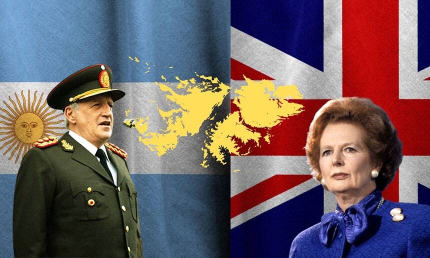 1982년 포클랜드 전쟁을 형상화한 이미지. 포클랜드 제도(노란색 지도)를 중심으로 왼쪽은 전쟁 당시 레오폴도 갈티에리 아르헨티나 대통령, 오른쪽은 마거릿 대처 영국 총리다.&nbsp;갈티에리는 패전 직후 모든 책임을 지고 스스로 물러났다.&nbsp;SNS&nbsp;캡처