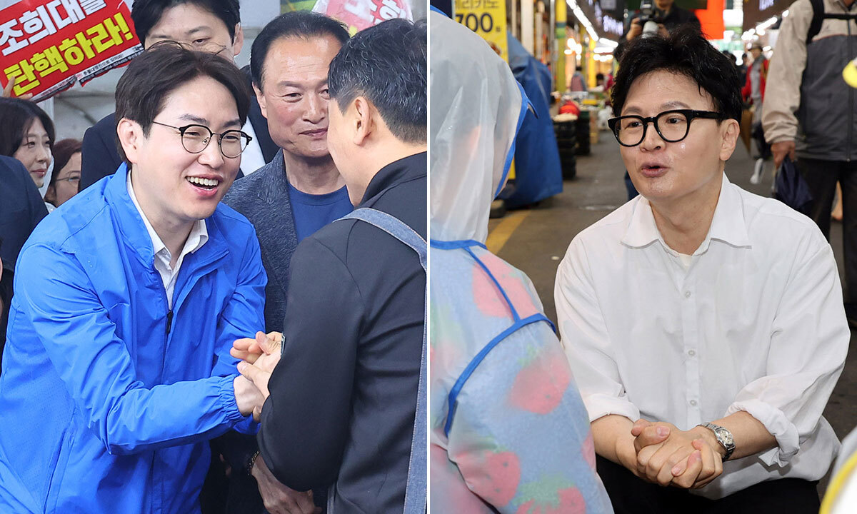 민심은 어디로 3일 부산 북구 구포시장에서 북갑 국회의원 보궐선거에 출마한 더불어민주당 하정우 후보(왼쪽 사진)와 4일 예비후보 등록을 앞둔 한동훈 전 국민의힘 대표가 상인과 각각 인사하고 있다. 부산=연합뉴스·뉴시스
