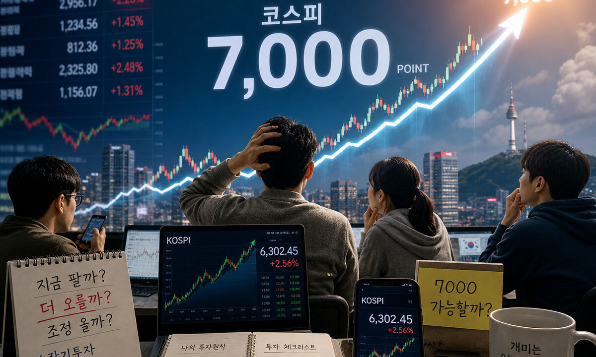 코스피 7000을 앞두고 고민에 빠진 개인투자자들. 챗GPT 생성 이미지
