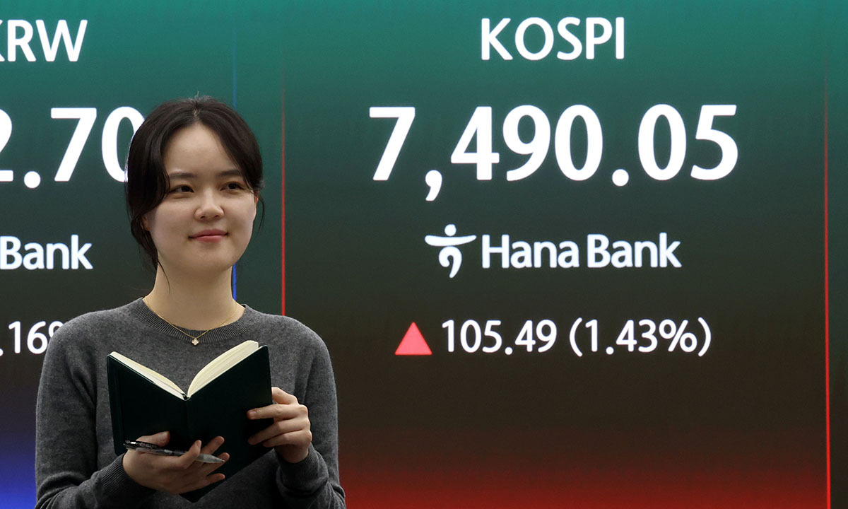 코스피 지수가 사상 최고치로 마감한 7일 오후 서울 중구 하나은행 본점 딜링룸 현황판에 전장대비 105.49포인트(1.43%) 상승한 7,490.05를 나타내고 있다.
