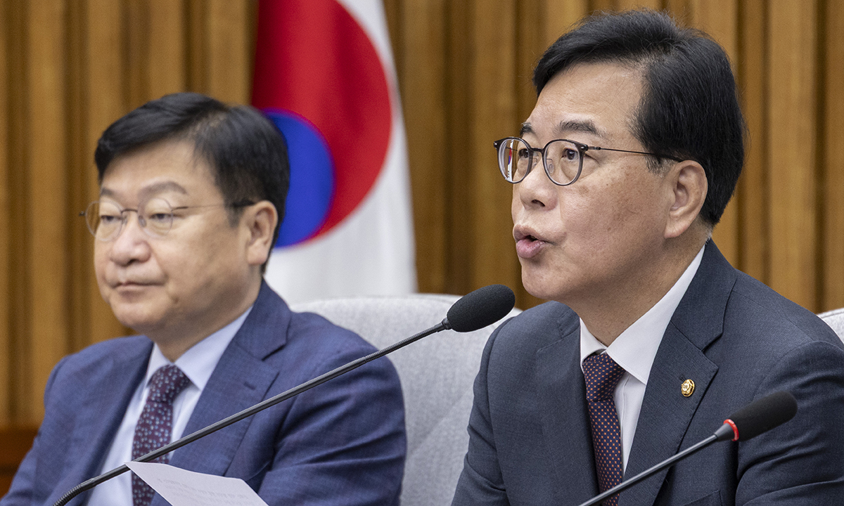 국민의힘 송언석 원내대표가 12일 국회에서 열린 원내대책회의에서 발언하고 있다. 연합뉴스