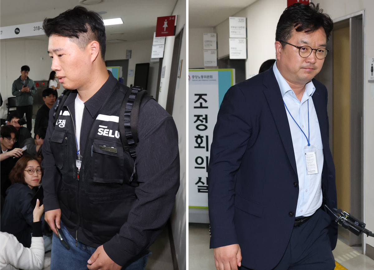 등 돌린 노사 삼성전자 대표교섭위원인 김형로 부사장(오른쪽)과 최승호 초기업노조 삼성전자지부 위원장이 13일 정부세종청사 중앙노동위원회에서 2026년 임금협약 체결을 위한 2차 사후조정이 결렬된 후 무거운 표정으로 협상장을 떠나고 있다. 세종=연합뉴스