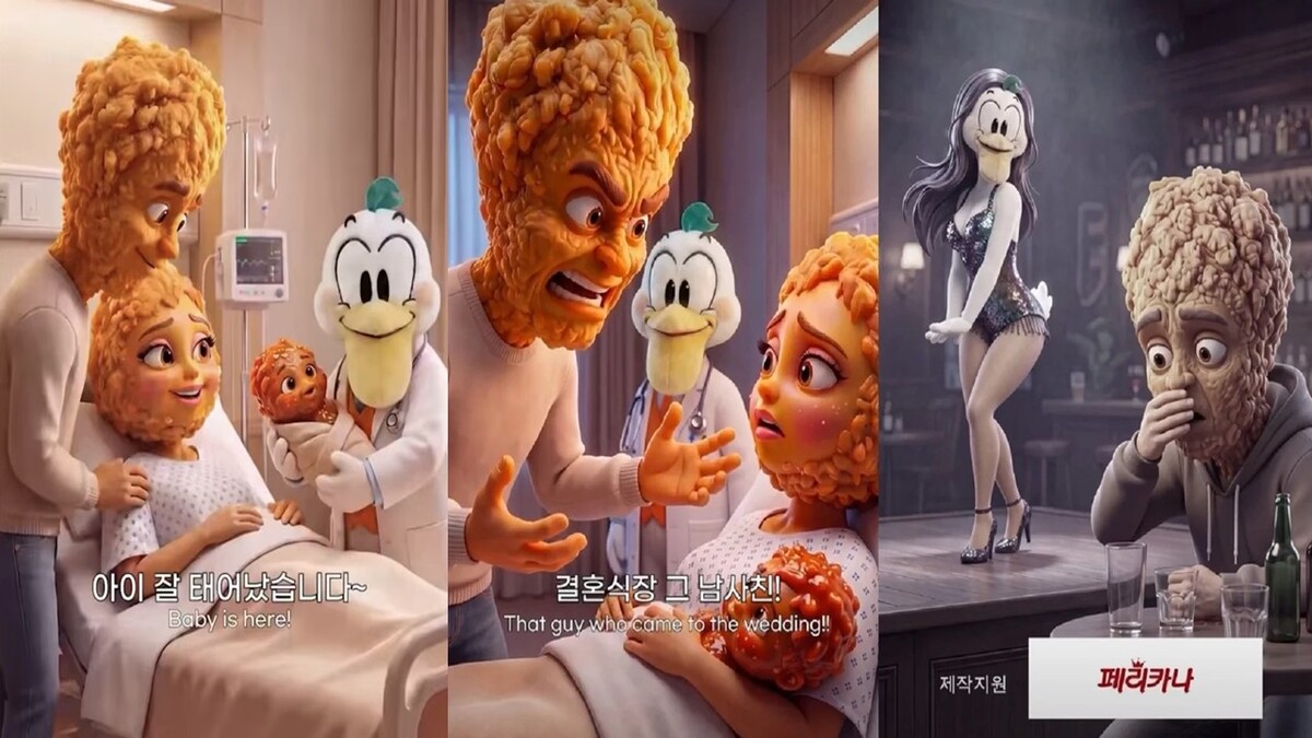 치킨 업체 페리카나가 치킨을 의인화해 불륜 소재로 만든 AI 광고 영상. 해당 영상은 페리카나가 사과문을 올리며 현재 삭제 조치됐다. 후라이드 치킨 부부 사이 양념 치킨이 태어나 아내의 불륜이 드러나고 실망한 남편 치킨은 산부인과 의사와 불륜을 시도한다.&nbsp;치킨 업체 페리카나 인스타그램 ‘pelicana1982’ 캡처
