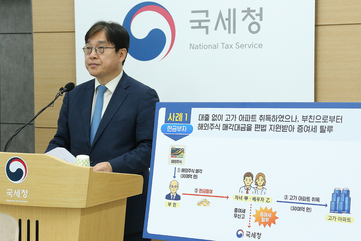 오상훈 국세청 자산과세국장이 19일 정부세종청사에서 대출규제를 회피해 증여세를 탈루한 현금부자 등 탈세혐의자 127명에 대한 조사 방침을 밝히고 있다. 국세청 제공