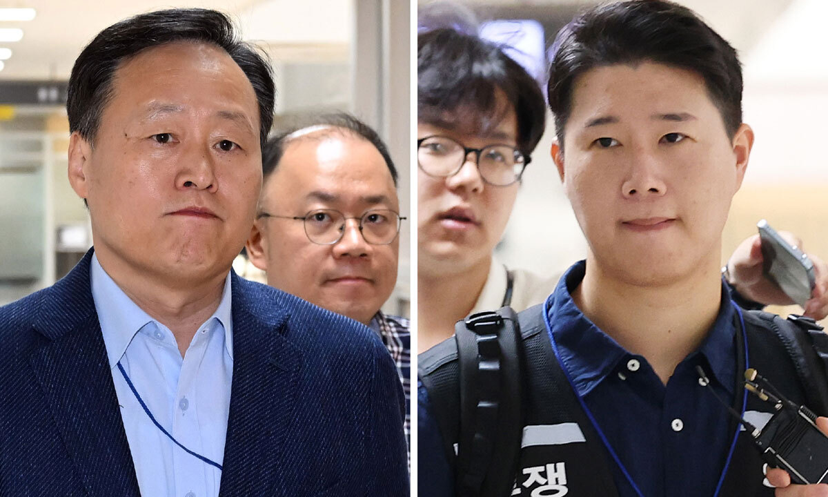 삼성전자 사측 대표교섭위원인 여명구 DS(반도체 부문) 피플팀장(왼쪽)과 최승호 삼성그룹 초기업노동조합 삼성전자지부 위원장이 총파업 예고 시한을 이틀 앞둔 19일 정부세종청사 중앙노동위원회에서 열린 2차 사후조정 최종회의에 참석하고 있다. 뉴스1