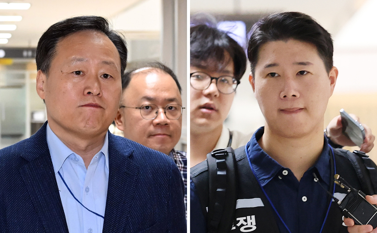 삼성전자 사측 대표교섭위원인 여명구 DS(반도체 부문) 피플팀장(왼쪽)과 최승호 삼성그룹 초기업노동조합 삼성전자지부 위원장이 총파업 예고 시한을 이틀 앞둔 19일 정부세종청사 중앙노동위원회에서 열린 2차 사후조정 최종회에 참석하고 있다. 뉴스1